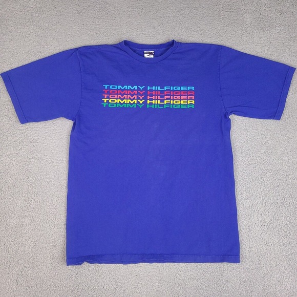 Vintage Tommy Hilfiger T-Shirt Adult XL Blue Made in USA Colorful Spell Out - Picture 1 of 11